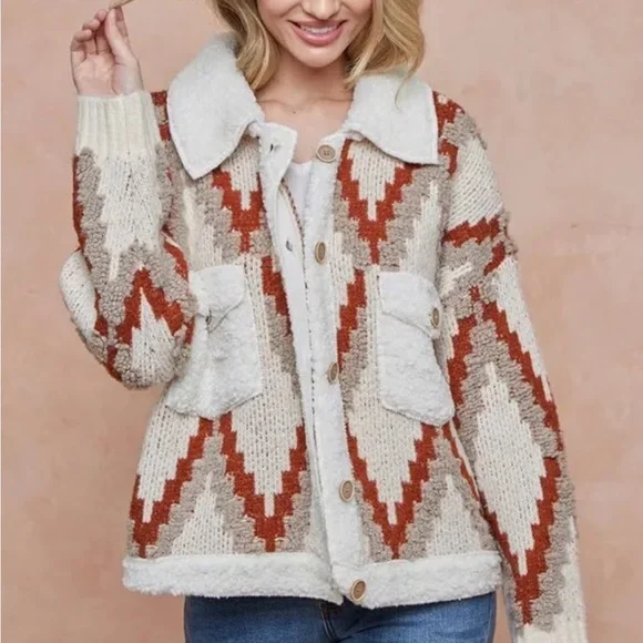 #48 Orange cream Tribal Aztec Bohemian fluffy pocket button teddy shacket coat - Picture 2 of 7